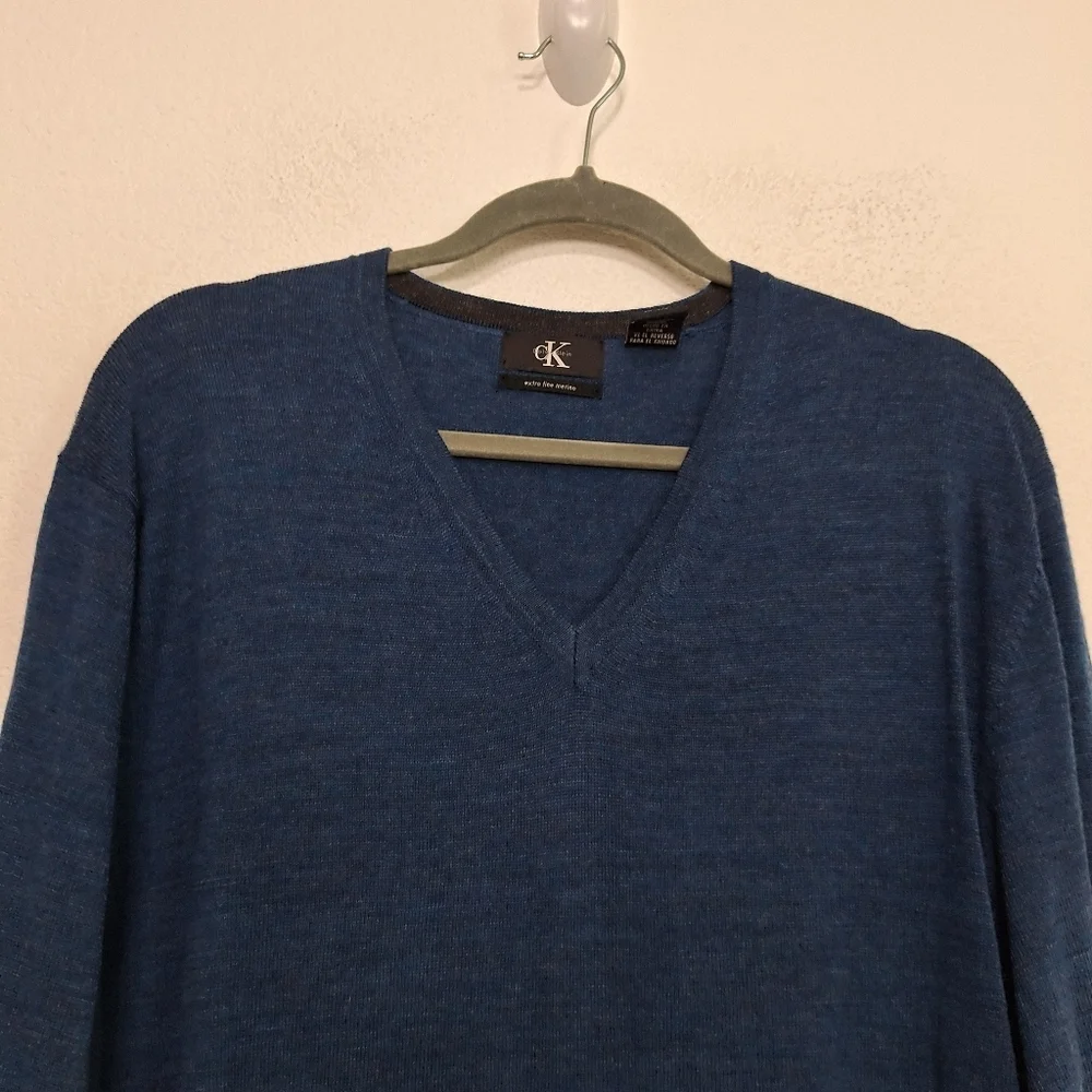 Calvin Klein Blue 100% Merino Wool Preppy Business Casual Knit Sweater Size XL